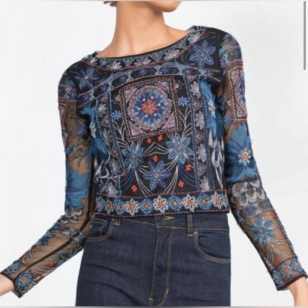 NWT Zara Floral Beaded Embroidered Boho Sheer Back Mesh Blouse Size Small